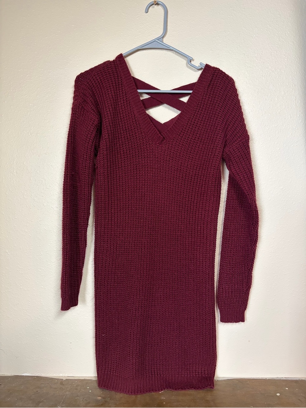 Women's Burgundy V-Neck Knit Sweater Dress with criss cross detail on back